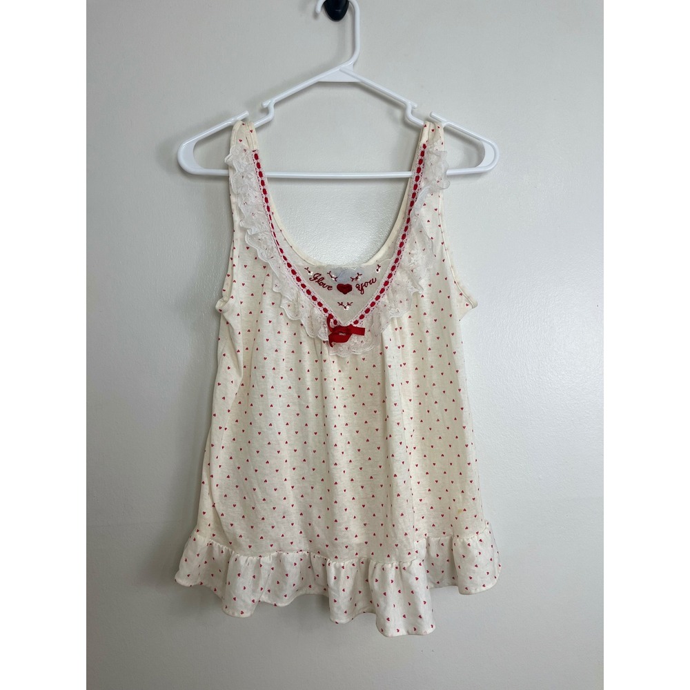 Vintage Coquette Heart Tank Top Small Cream Red Lace Ruffle Embroidery Feminine
